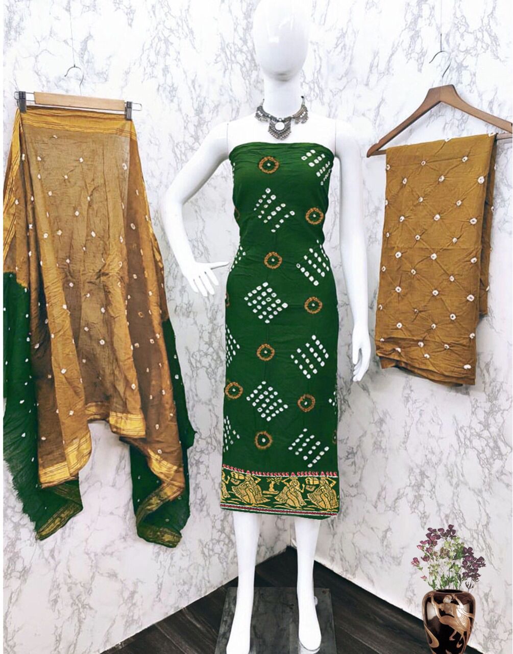Cotton Bandhani Unstitched Dress Material (Sea Green)