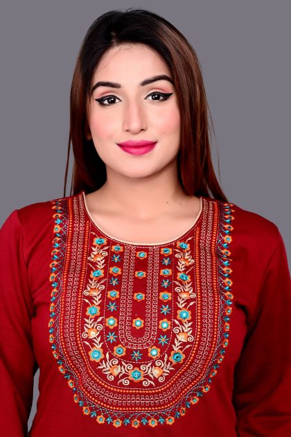 Women Embroidered Woolen Haar Neck Straight Kurti (Maroon)