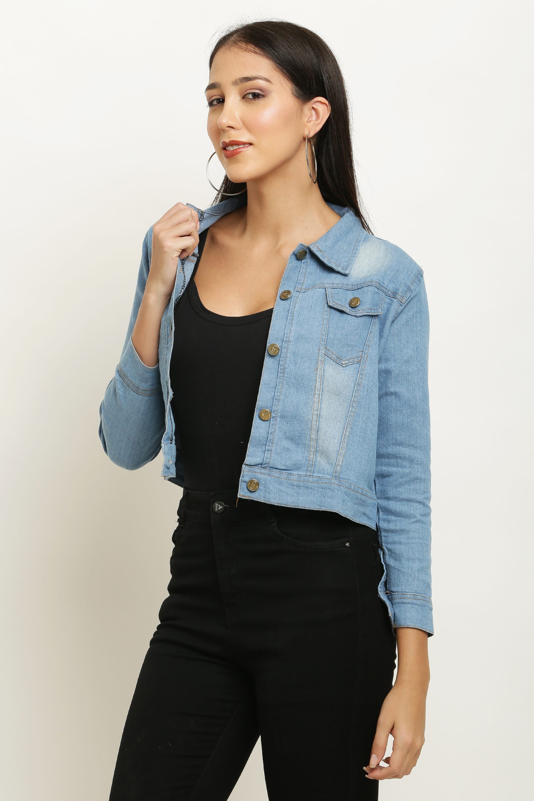 Women's Washed Full Sleeves Buttoned Denim Embellished Cropped Light Blue Jacket - Image 5