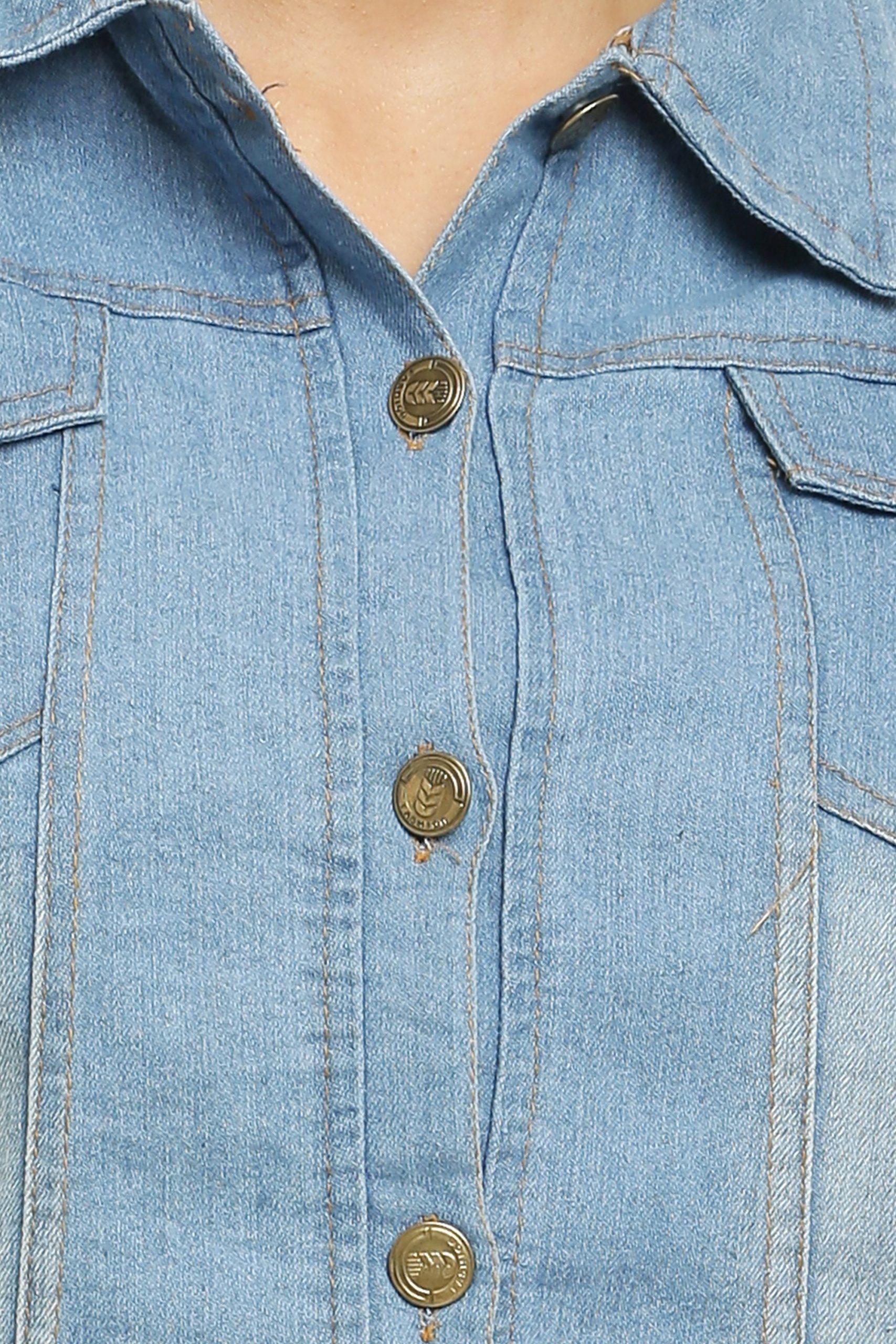 Women's Washed Full Sleeves Buttoned Denim Embellished Cropped Light Blue Jacket - Image 6