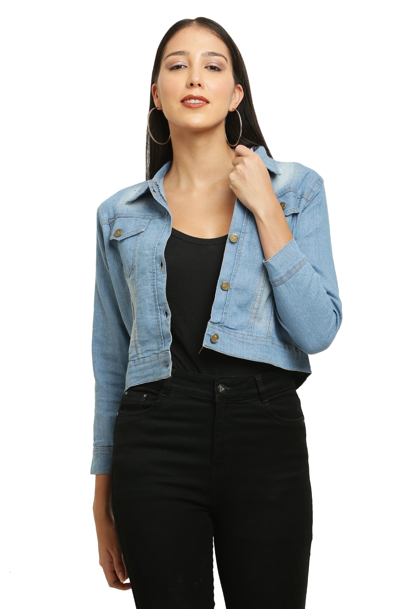 Women's Washed Full Sleeves Buttoned Denim Embellished Cropped Light Blue Jacket