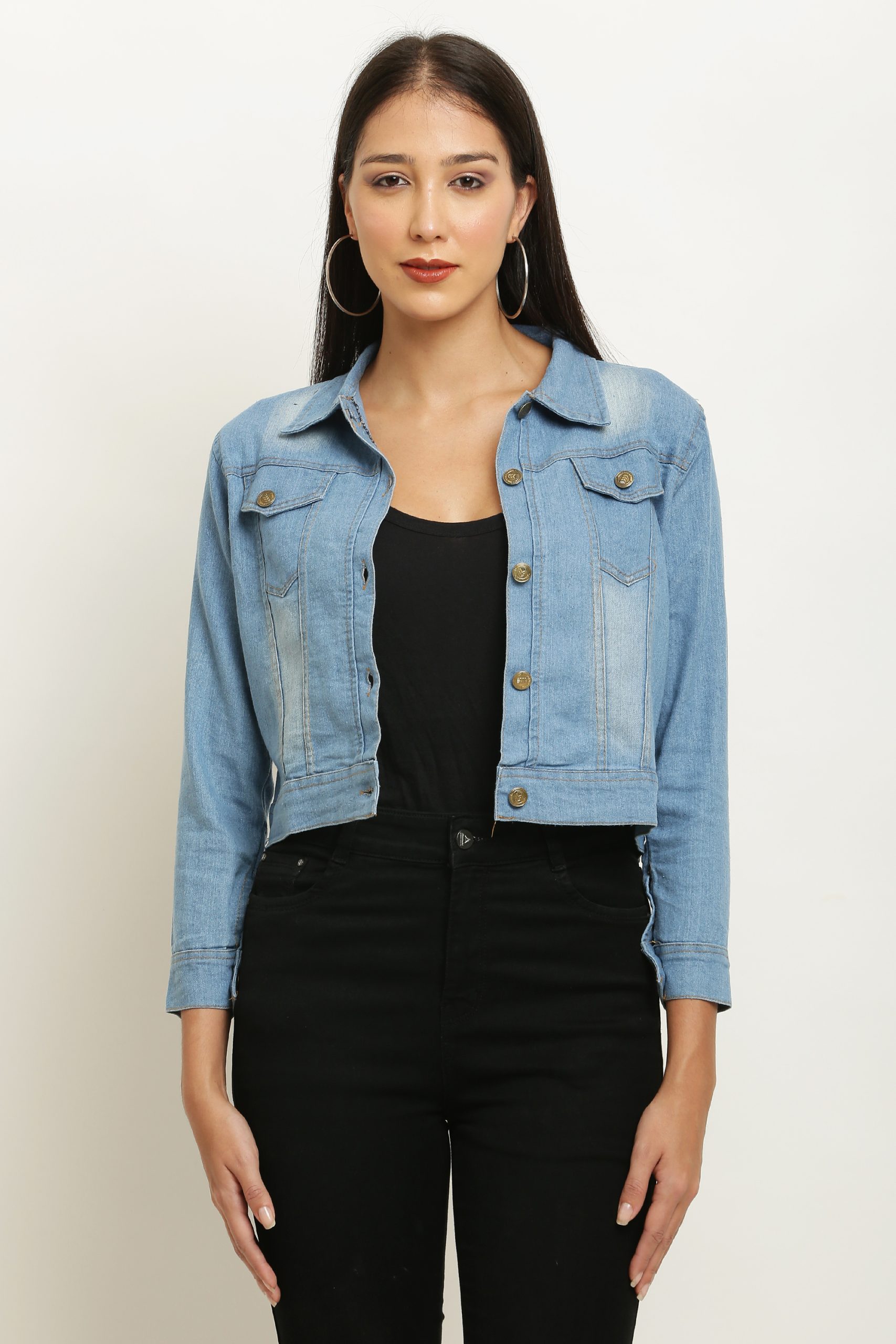 Women's Washed Full Sleeves Buttoned Denim Embellished Cropped Light Blue Jacket - Image 2