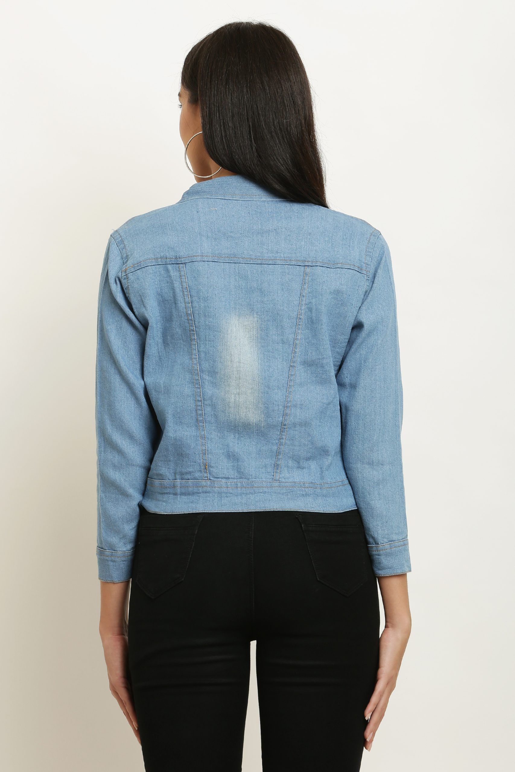 Women's Washed Full Sleeves Buttoned Denim Embellished Cropped Light Blue Jacket - Image 3